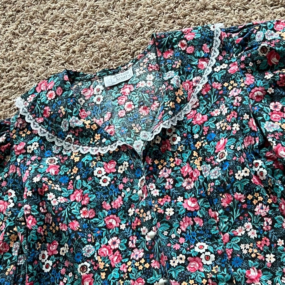Vintage Jessica Scott Floral Lace Trim Puff Sleeve Blouse Cottagecore Top